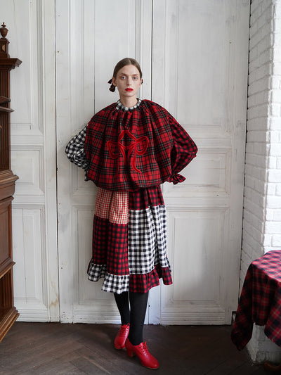 Unlogical Poem Cat Embroidered Gingham Patchwork Dress