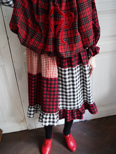 Unlogical Poem Cat Embroidered Gingham Patchwork Dress