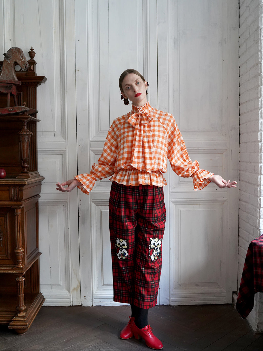 Unlogical Poem Victorian-style Orange Gingham Bow Shirt