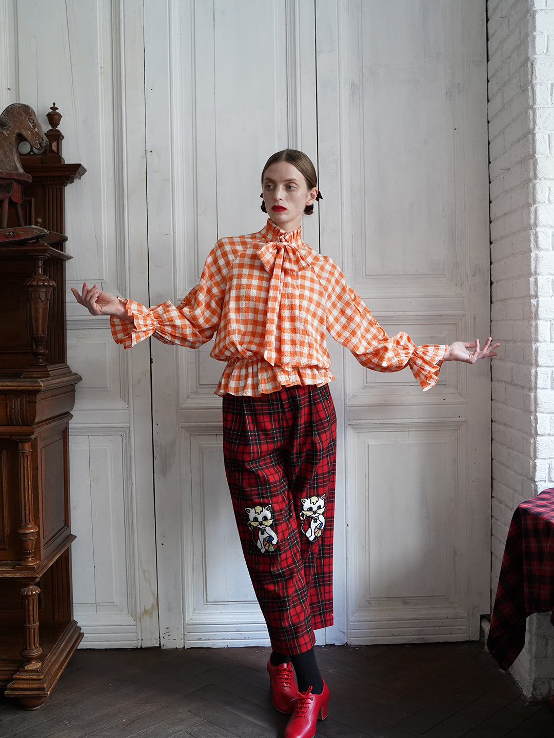 Unlogical Poem Victorian-style Orange Gingham Bow Shirt