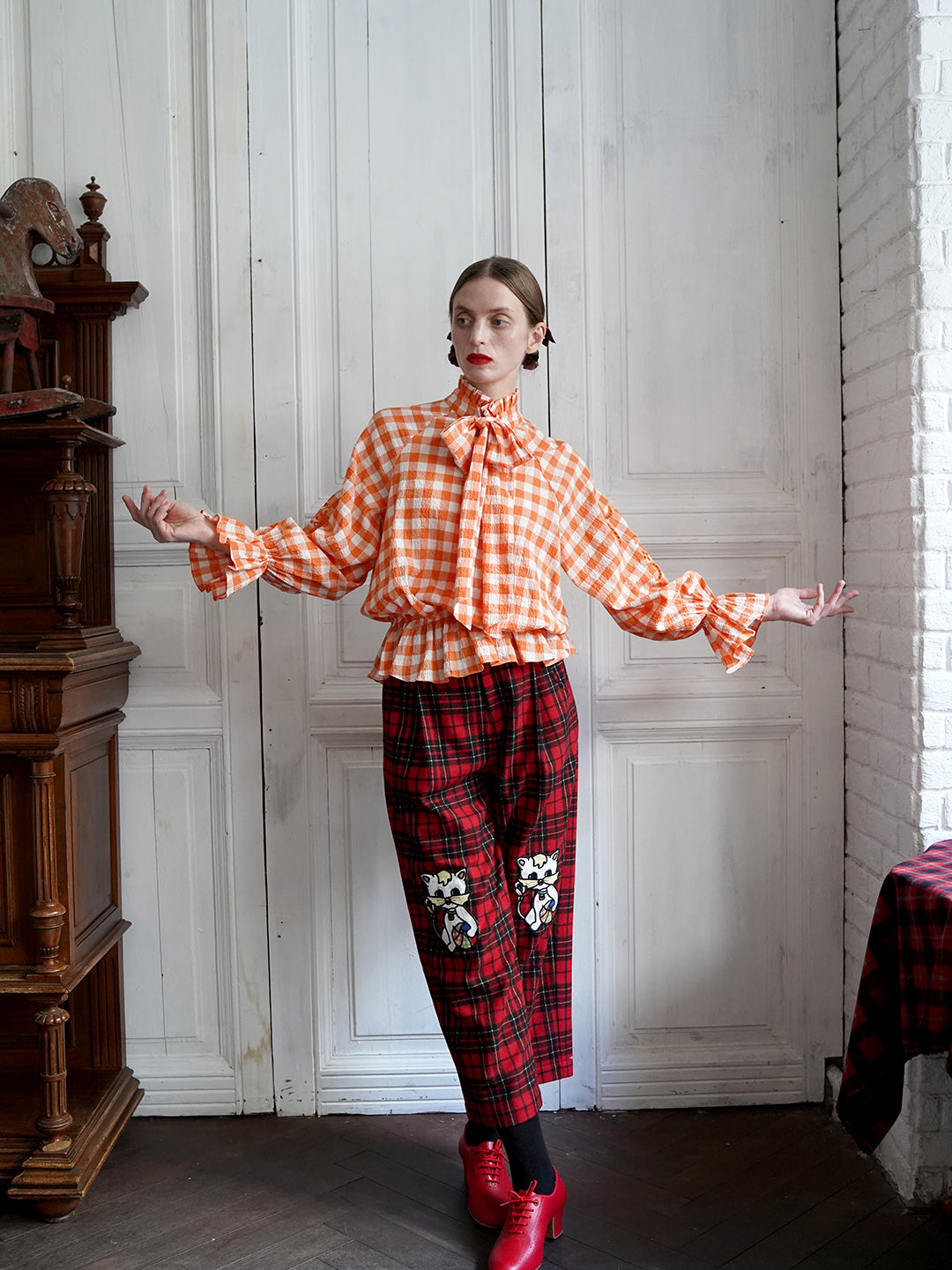 Unlogical Poem Victorian-style Orange Gingham Bow Shirt