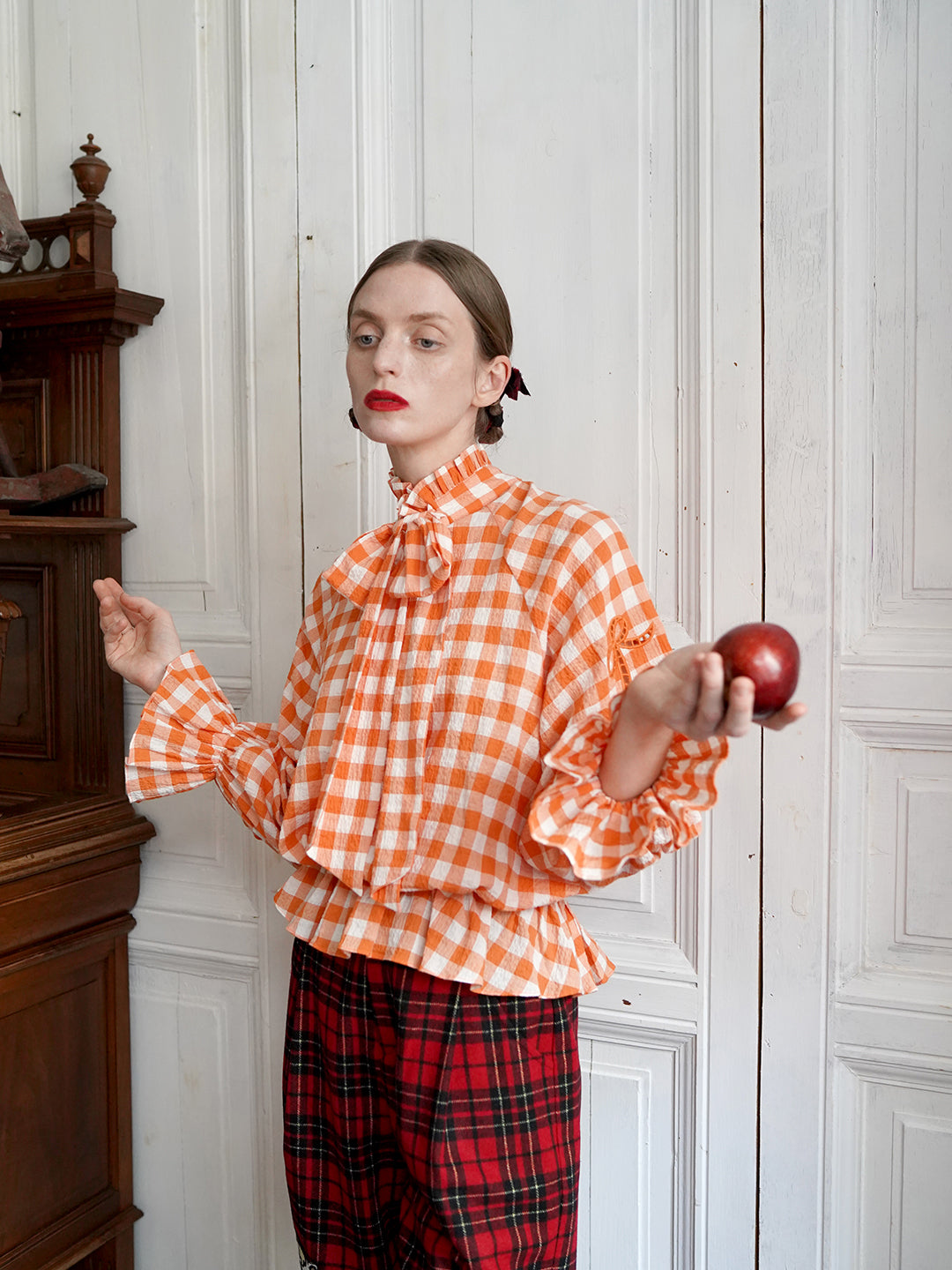 Unlogical Poem Victorian-style Orange Gingham Bow Shirt
