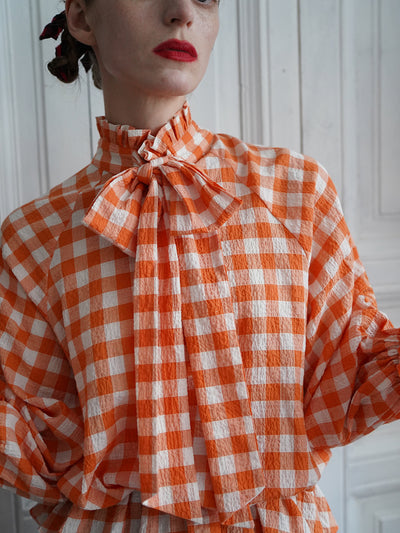Unlogical Poem Victorian-style Orange Gingham Bow Shirt