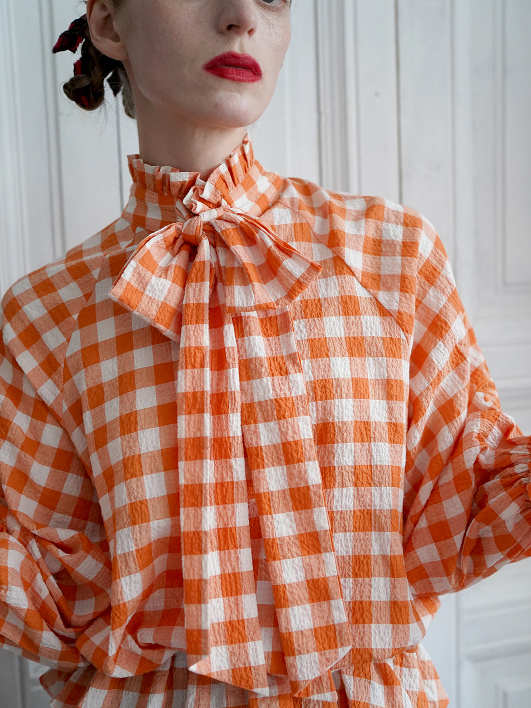 Unlogical Poem Victorian-style Orange Gingham Bow Shirt