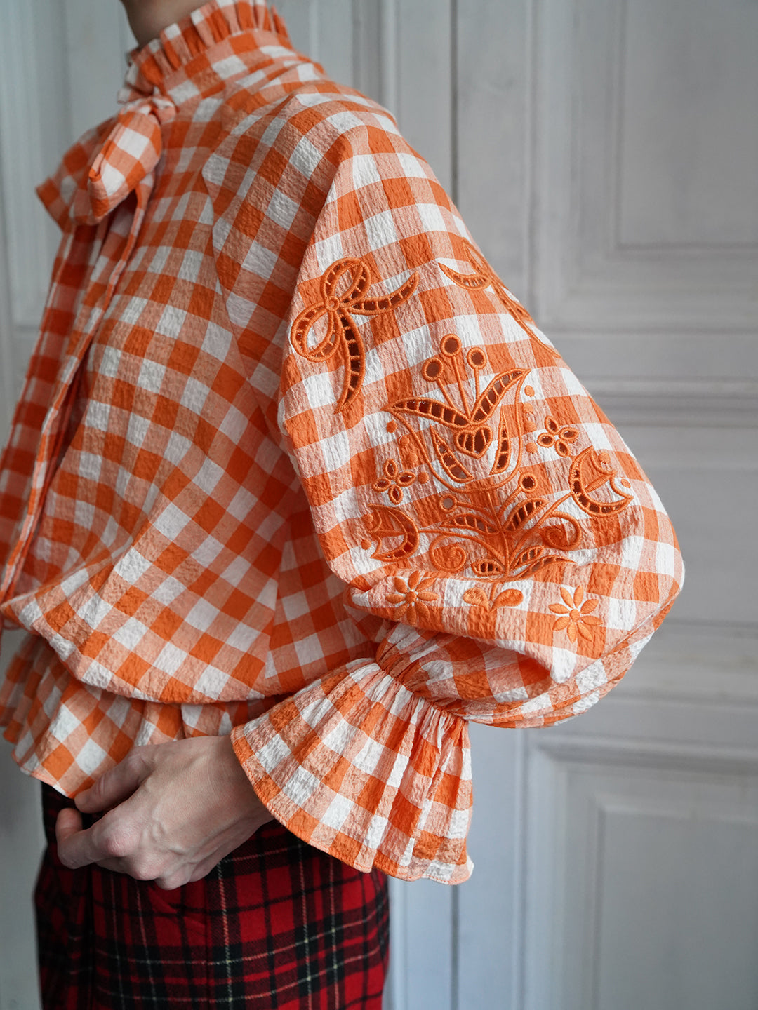 Unlogical Poem Victorian-style Orange Gingham Bow Shirt