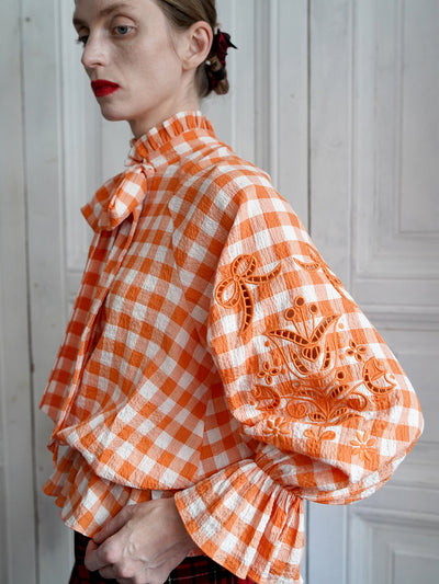 Unlogical Poem Victorian-style Orange Gingham Bow Shirt