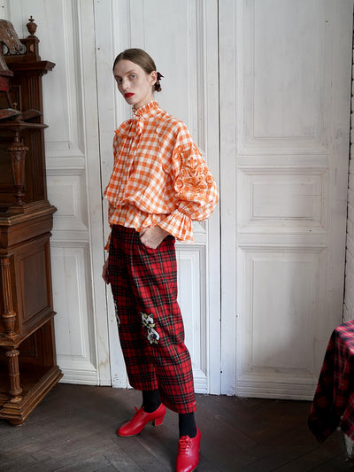 Unlogical Poem Victorian-style Orange Gingham Bow Shirt