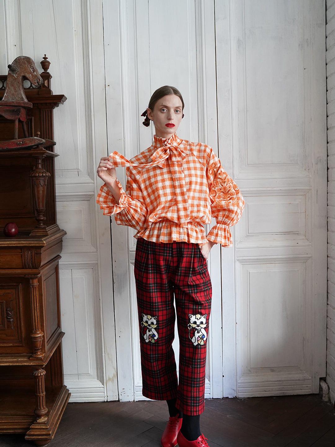 Unlogical Poem Victorian-style Orange Gingham Bow Shirt