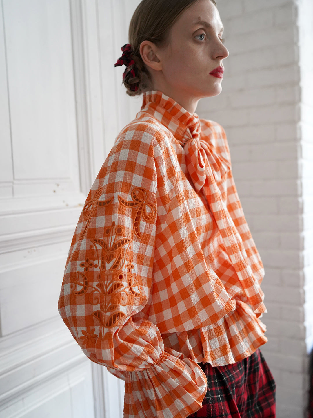 Unlogical Poem Victorian-style Orange Gingham Bow Shirt