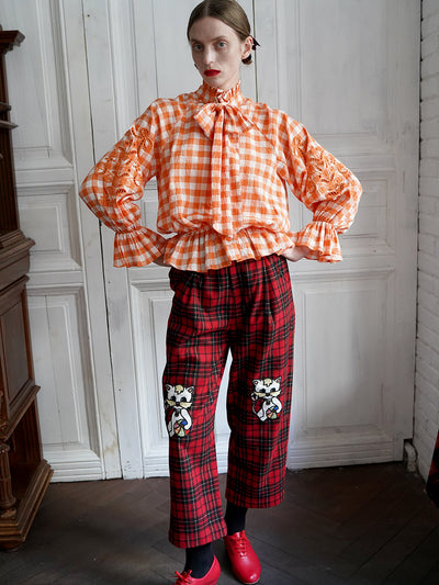 Unlogical Poem Victorian-style Orange Gingham Bow Shirt
