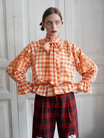 Unlogical Poem Victorian-style Orange Gingham Bow Shirt