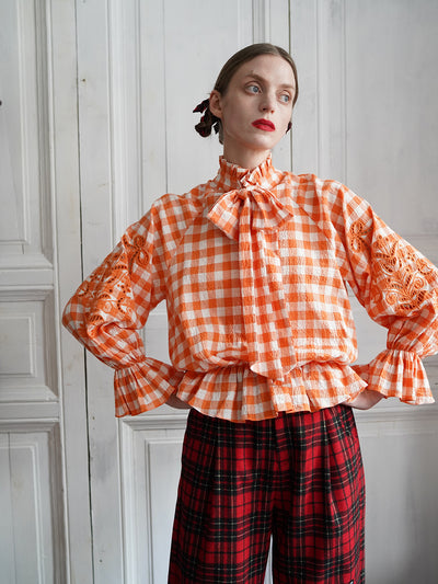 Unlogical Poem Victorian-style Orange Gingham Bow Shirt