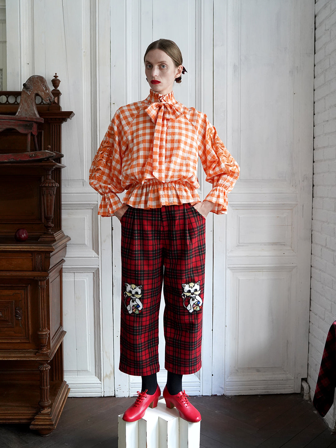 Unlogical Poem Victorian-style Orange Gingham Bow Shirt