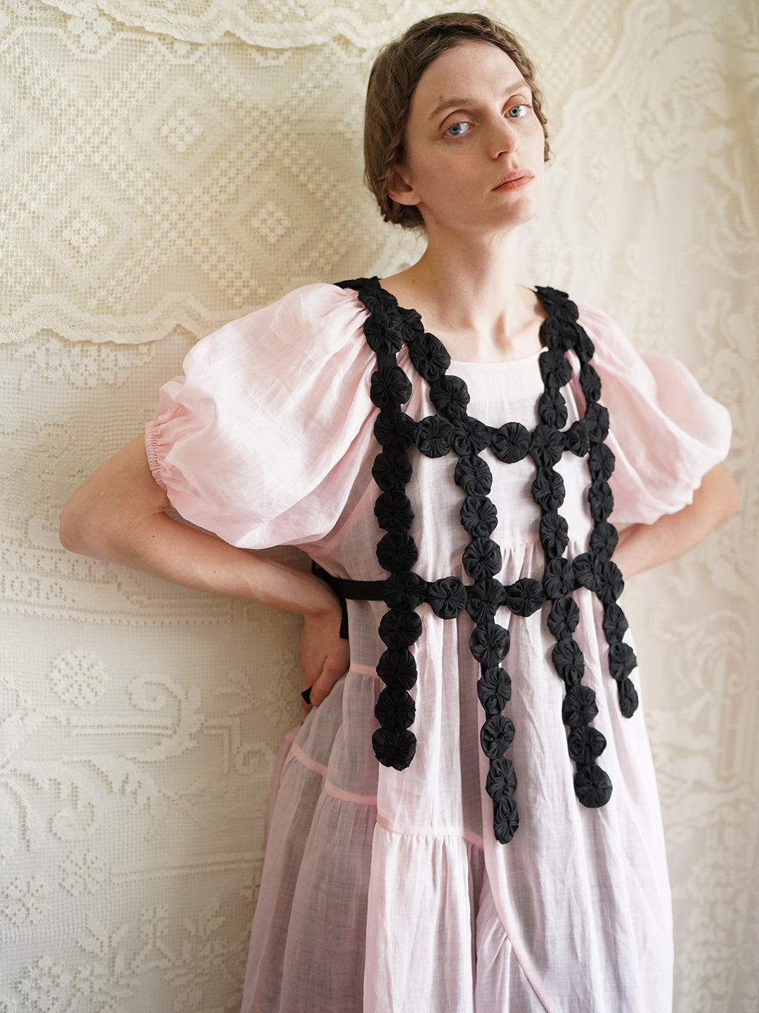 Unlogical Poem Handmade Yoyo Flower Black Smock