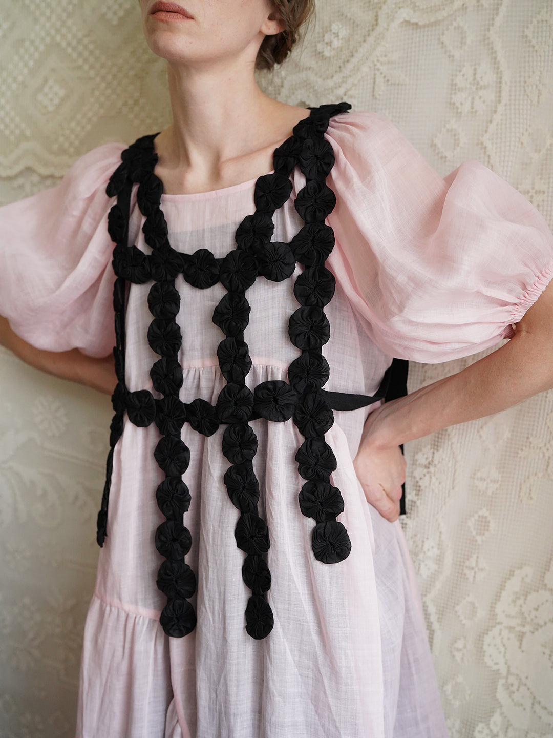 Unlogical Poem Handmade Yoyo Flower Black Smock