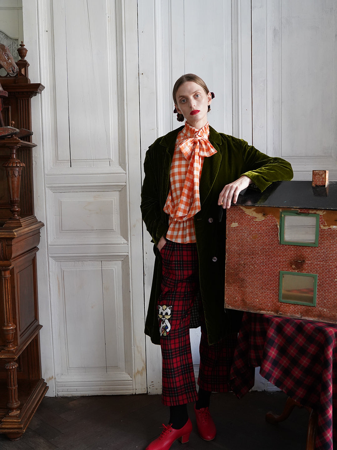 Unlogical Poem Victorian-style Orange Gingham Bow Shirt