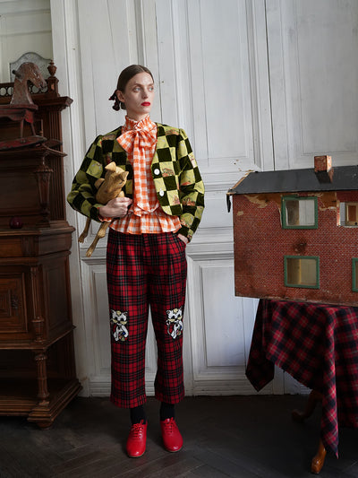 Unlogical Poem Cat Embroidered Patchwork Red Tartan Woolen Cropped Trousers