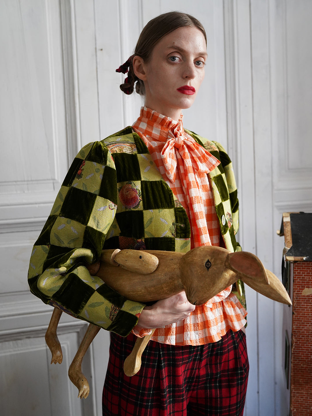 Unlogical Poem Retro-style Velvet and Yarn-dyed Patchwork Green Blazer