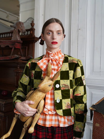 Unlogical Poem Retro-style Velvet and Yarn-dyed Patchwork Green Blazer