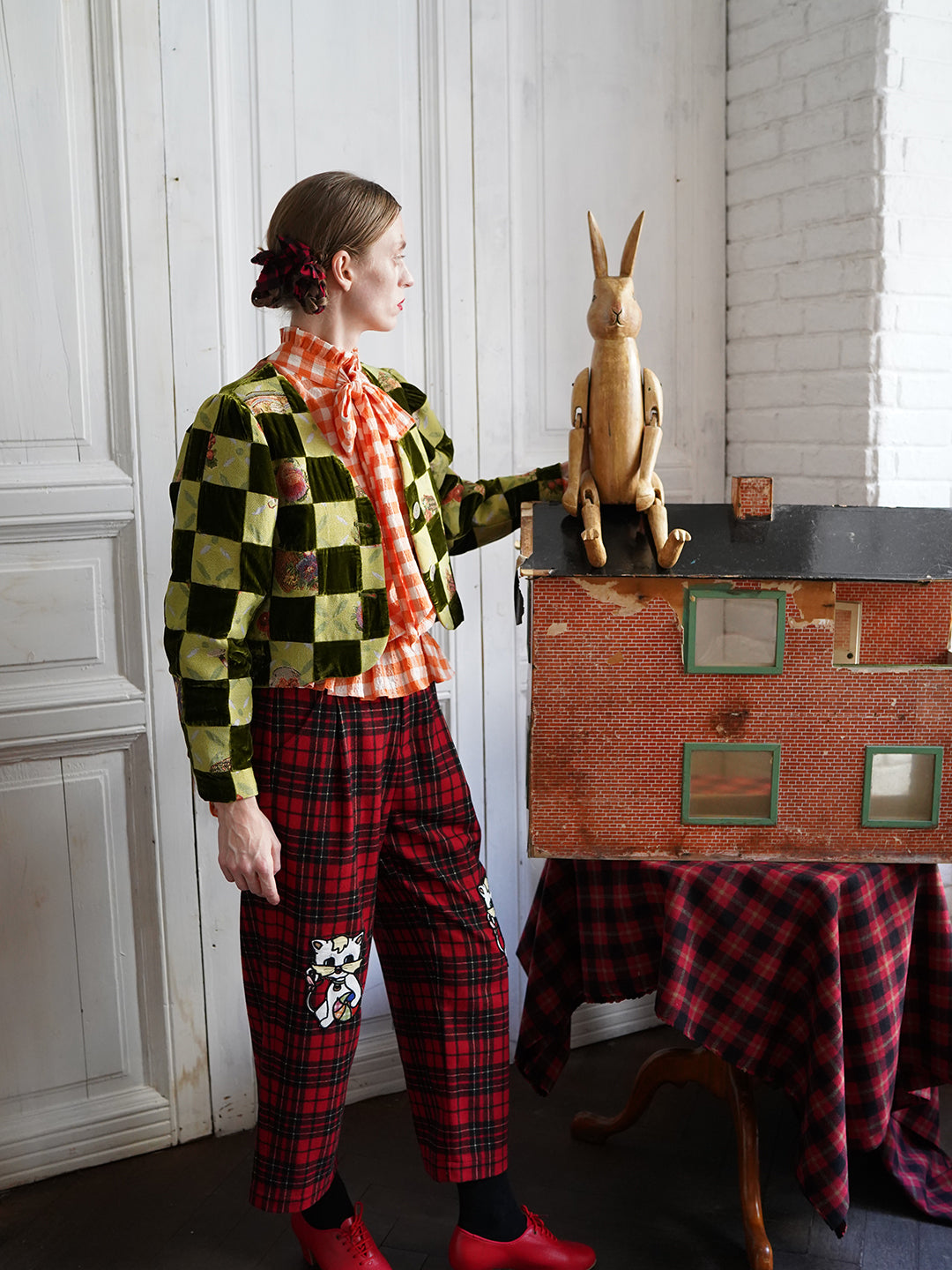 Unlogical Poem Retro-style Velvet and Yarn-dyed Patchwork Green Blazer