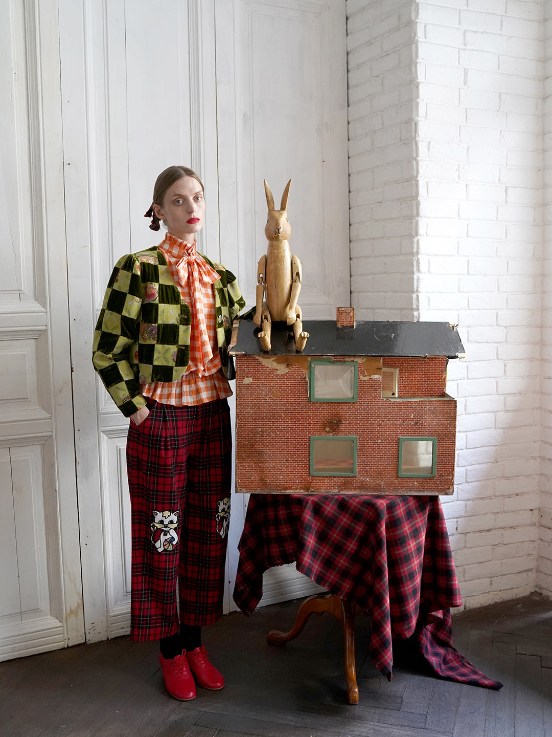 Unlogical Poem Retro-style Velvet and Yarn-dyed Patchwork Green Blazer