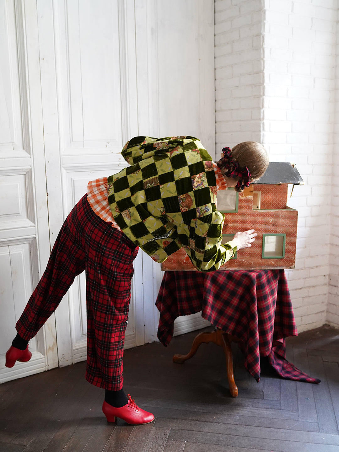 Unlogical Poem Retro-style Velvet and Yarn-dyed Patchwork Green Blazer