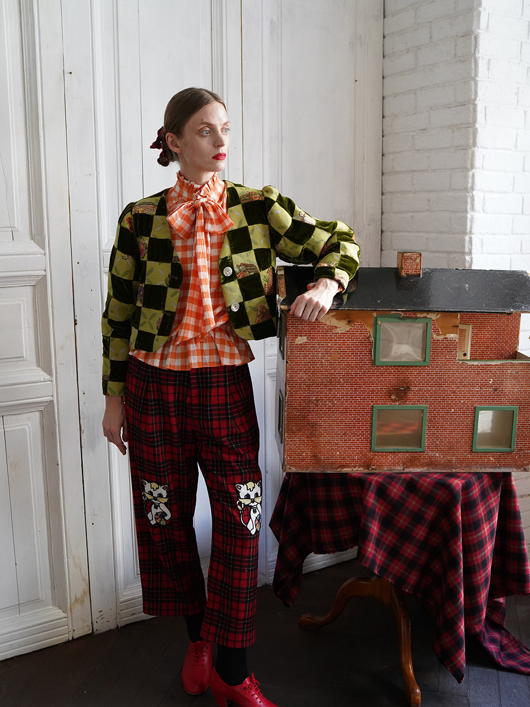 Unlogical Poem Retro-style Velvet and Yarn-dyed Patchwork Green Blazer