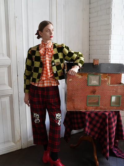 Unlogical Poem Retro-style Velvet and Yarn-dyed Patchwork Green Blazer