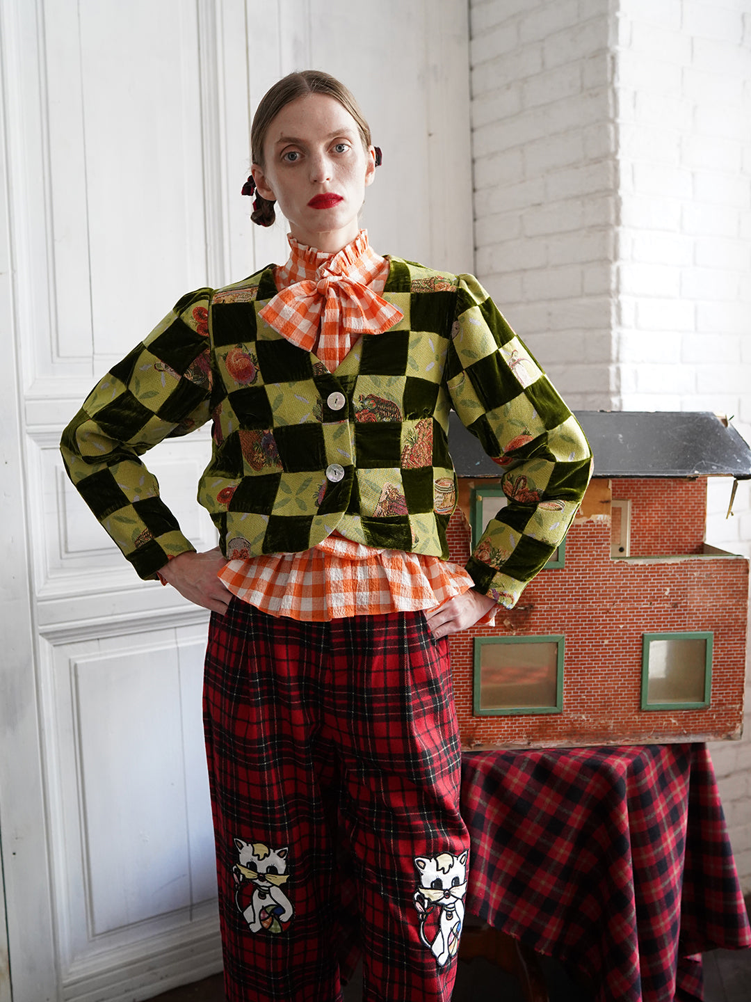 Unlogical Poem Retro-style Velvet and Yarn-dyed Patchwork Green Blazer