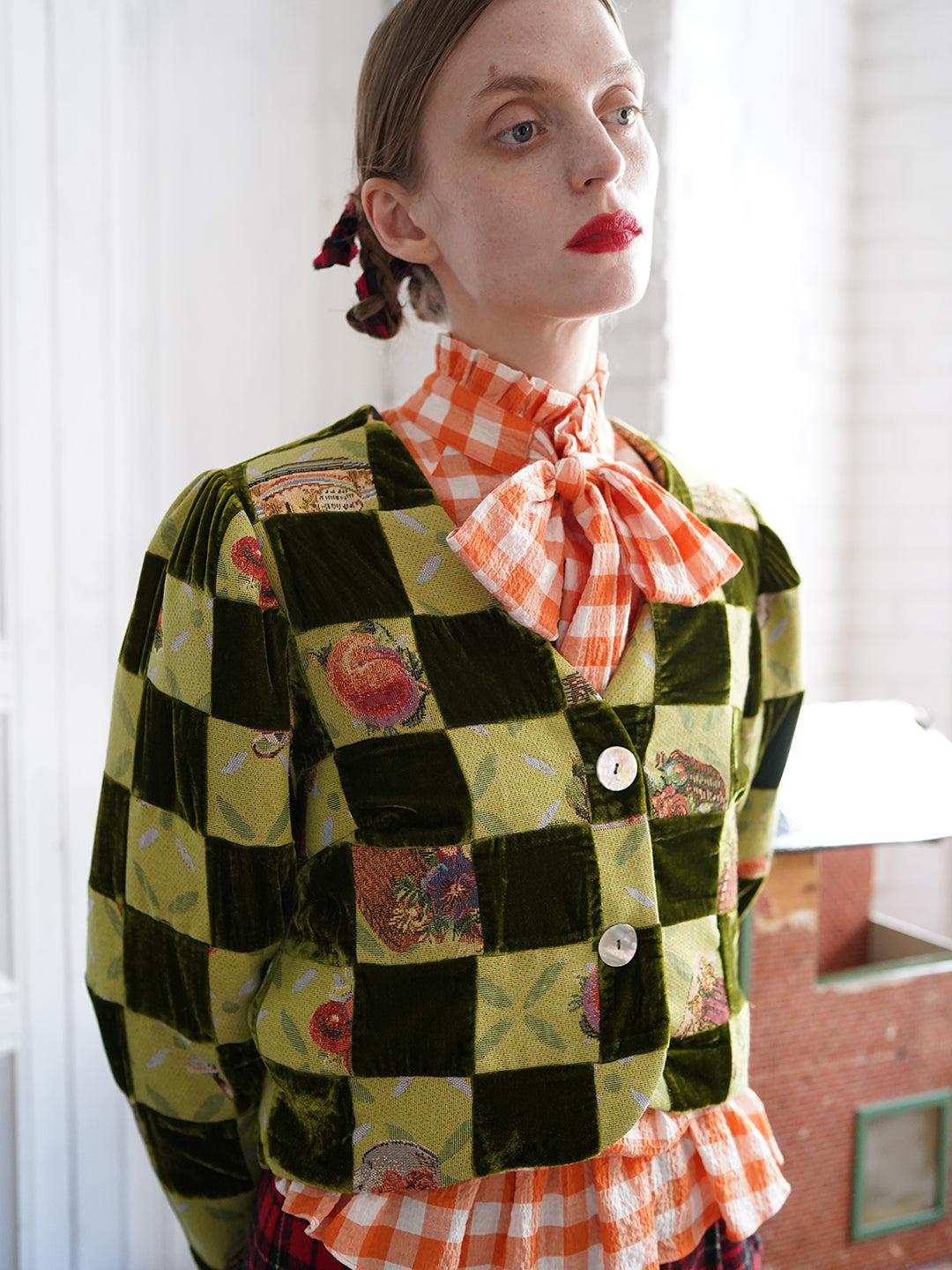Unlogical Poem Retro-style Velvet and Yarn-dyed Patchwork Green Blazer