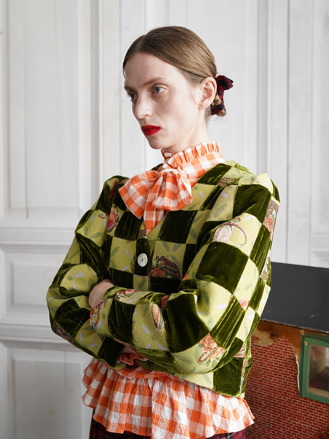 Unlogical Poem Retro-style Velvet and Yarn-dyed Patchwork Green Blazer