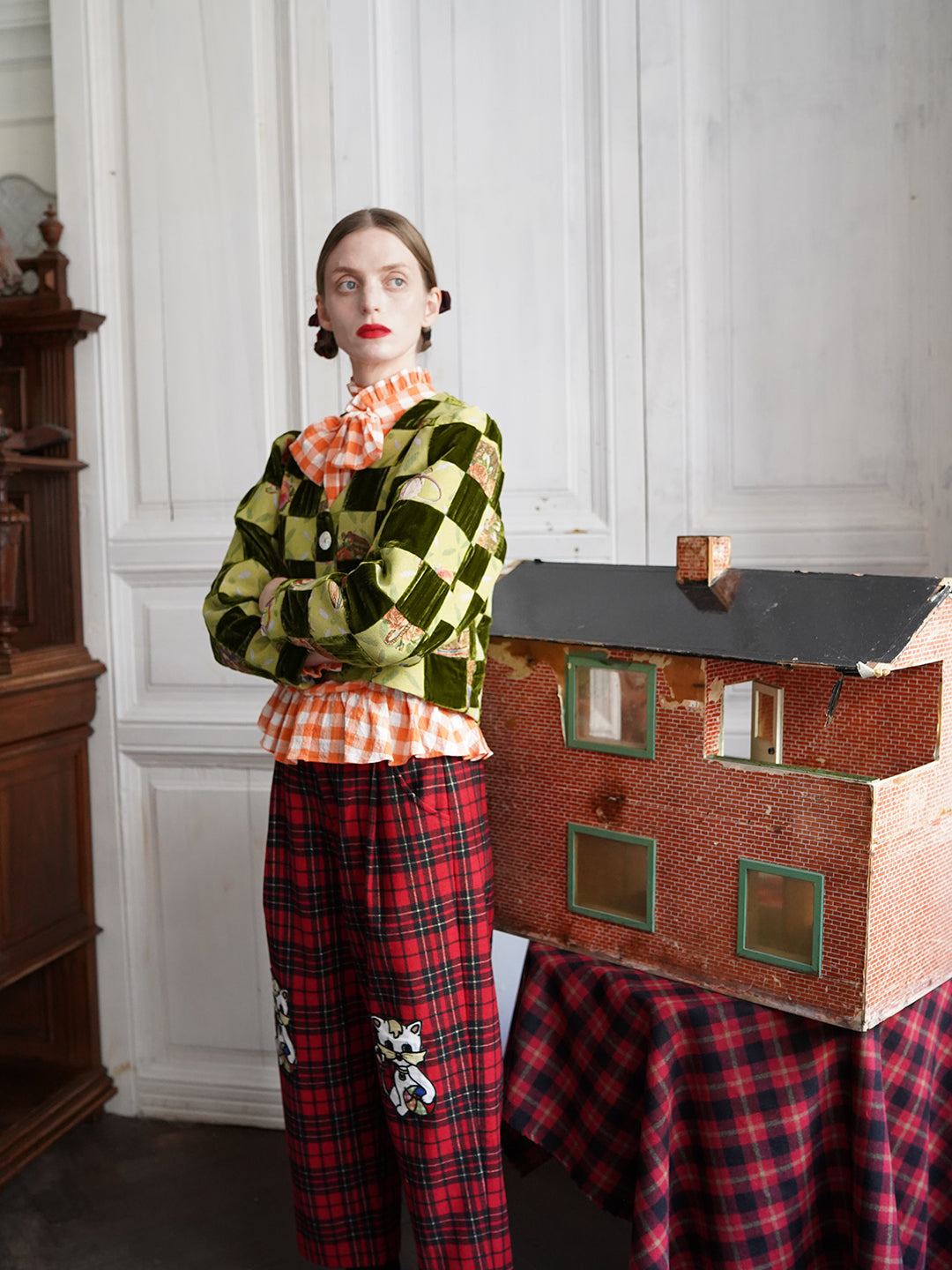 Unlogical Poem Retro-style Velvet and Yarn-dyed Patchwork Green Blazer