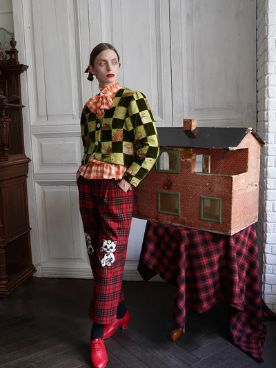 Unlogical Poem Retro-style Velvet and Yarn-dyed Patchwork Green Blazer