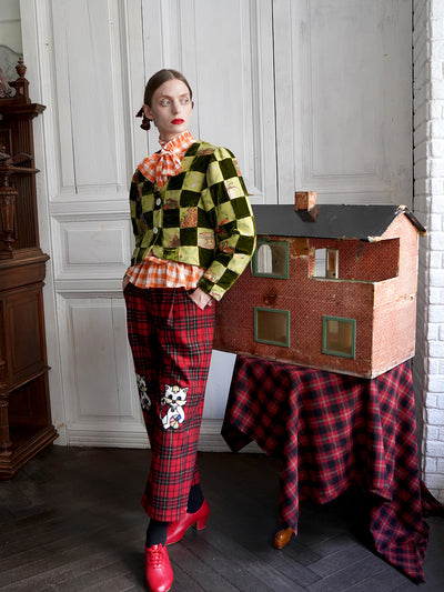 Unlogical Poem Retro-style Velvet and Yarn-dyed Patchwork Green Blazer