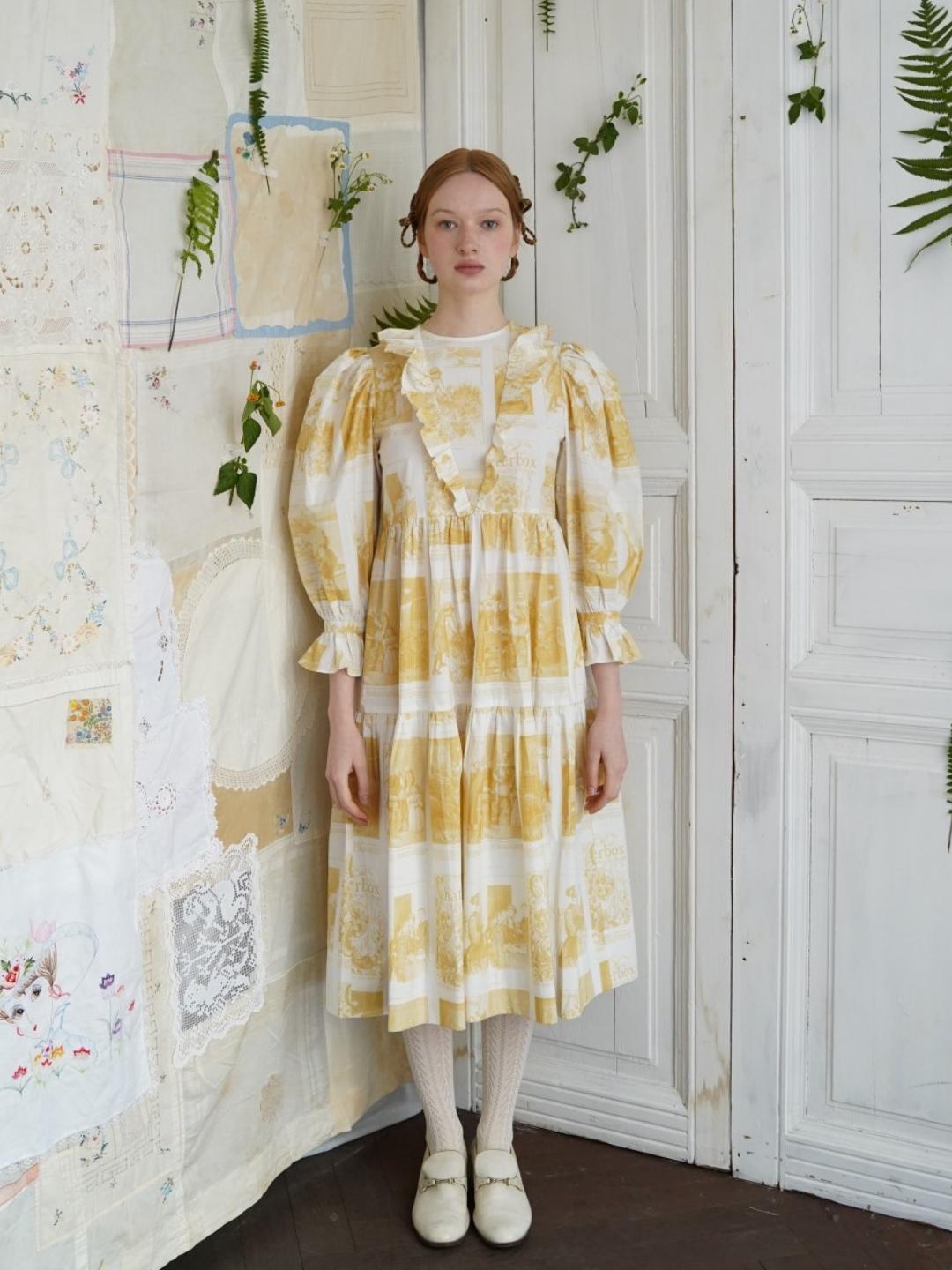Unlogical Poem Retro Illustrated Print Ruffled Puff Sleeve Dress