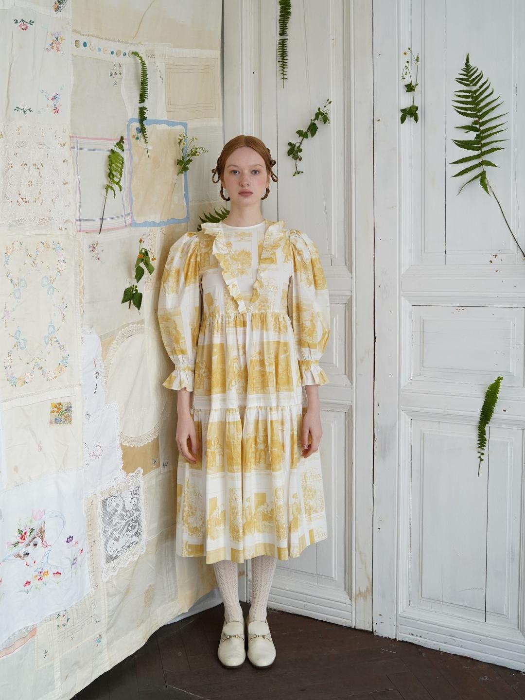 Unlogical Poem Retro Illustrated Print Ruffled Puff Sleeve Dress