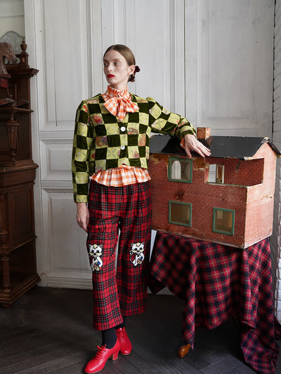 Unlogical Poem Retro-style Velvet and Yarn-dyed Patchwork Green Blazer