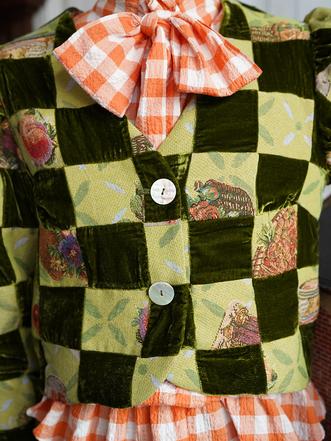 Unlogical Poem Retro-style Velvet and Yarn-dyed Patchwork Green Blazer