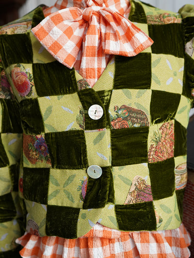 Unlogical Poem Retro-style Velvet and Yarn-dyed Patchwork Green Blazer