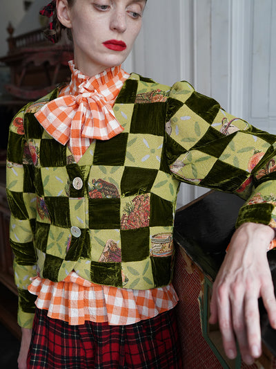 Unlogical Poem Retro-style Velvet and Yarn-dyed Patchwork Green Blazer