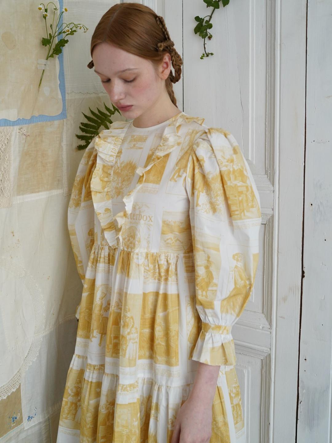 Unlogical Poem Retro Illustrated Print Ruffled Puff Sleeve Dress