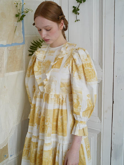 Unlogical Poem Retro Illustrated Print Ruffled Puff Sleeve Dress