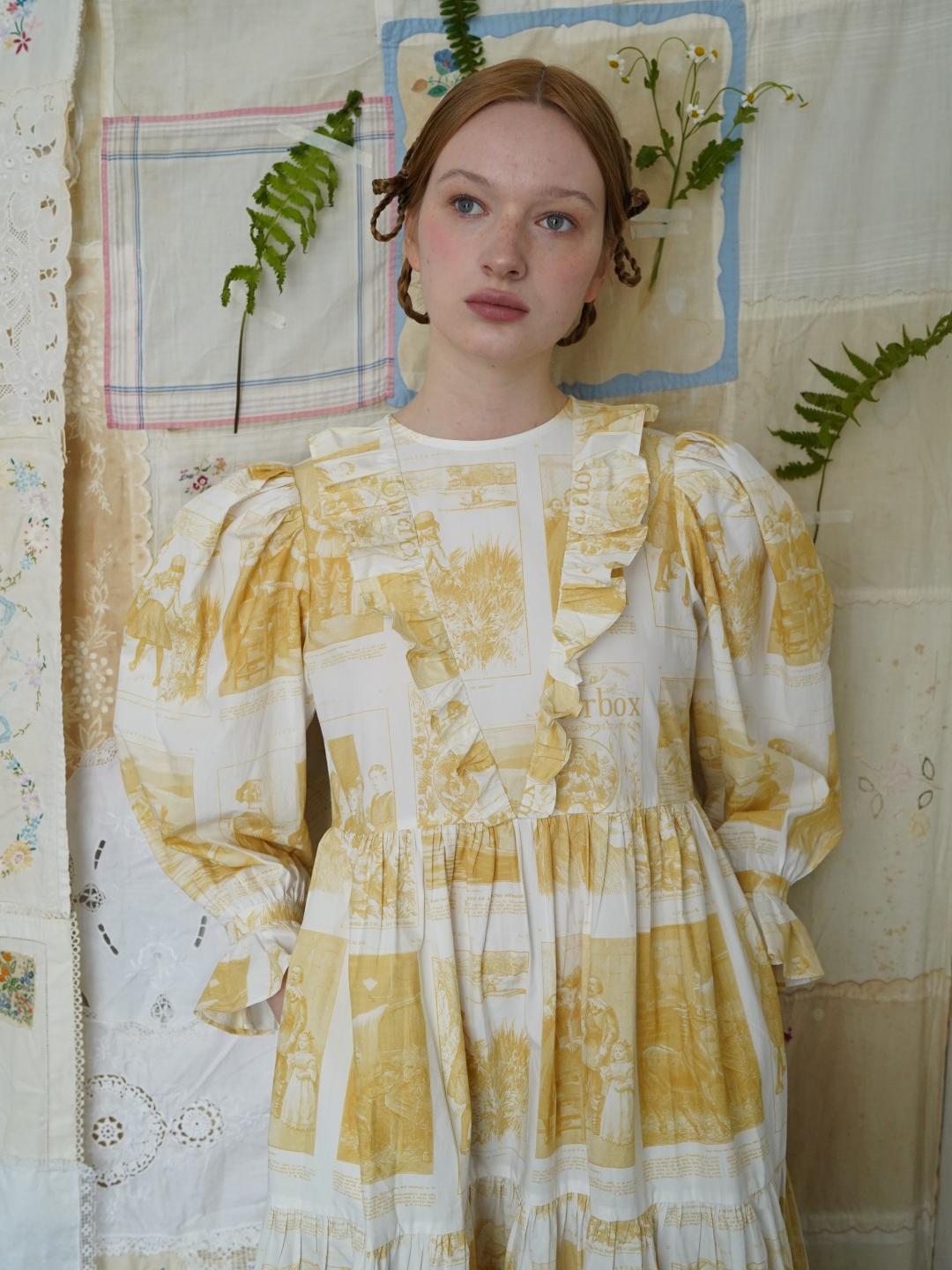 Unlogical Poem Retro Illustrated Print Ruffled Puff Sleeve Dress