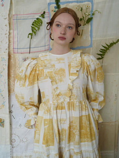 Unlogical Poem Retro Illustrated Print Ruffled Puff Sleeve Dress