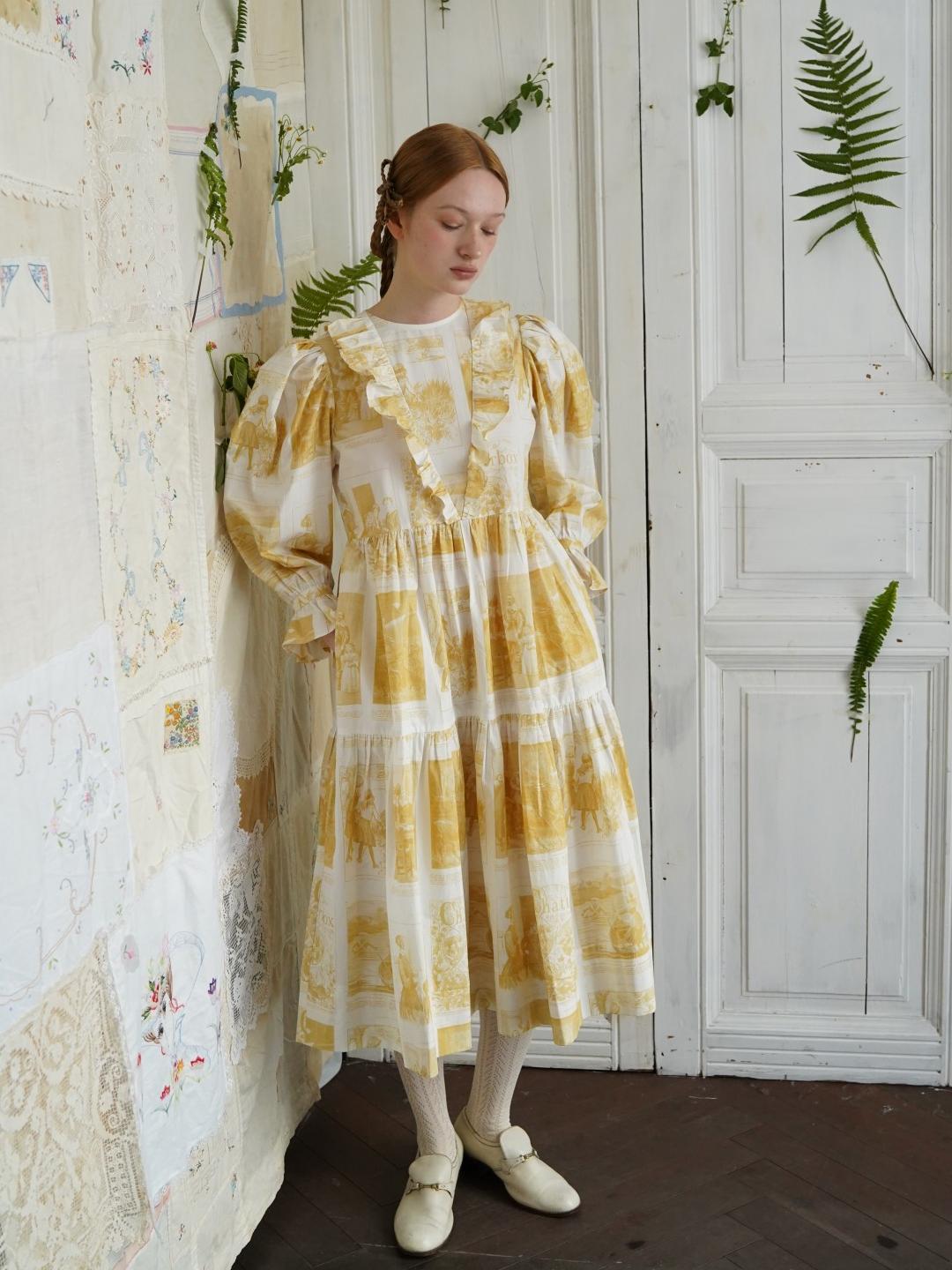 Unlogical Poem Retro Illustrated Print Ruffled Puff Sleeve Dress