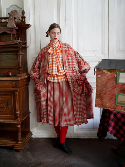 Unlogical Poem Victorian-style Orange Gingham Bow Shirt