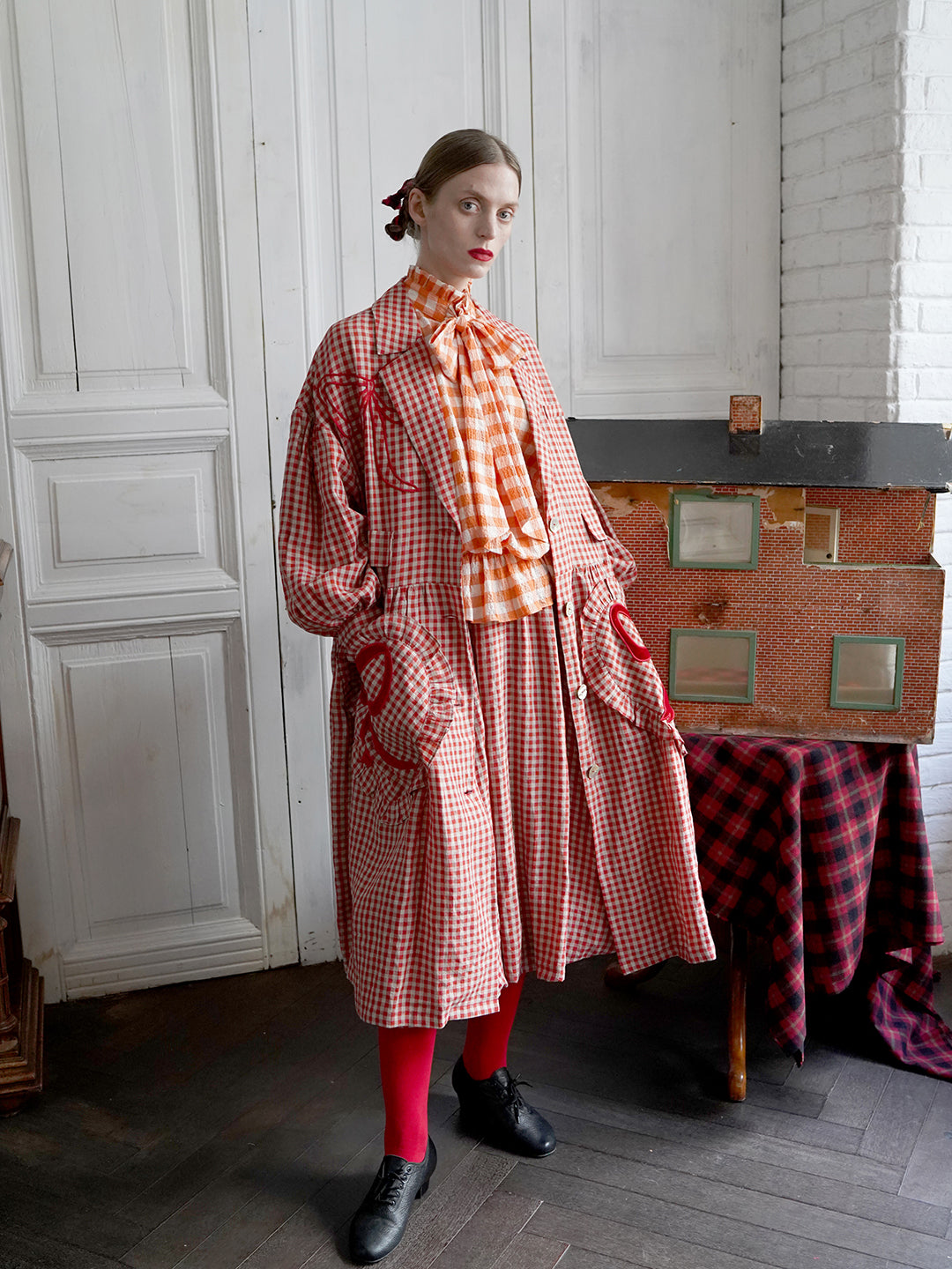 Unlogical Poem Bow and Heart Patchwork Embroidery Gingham Linen Long Coat