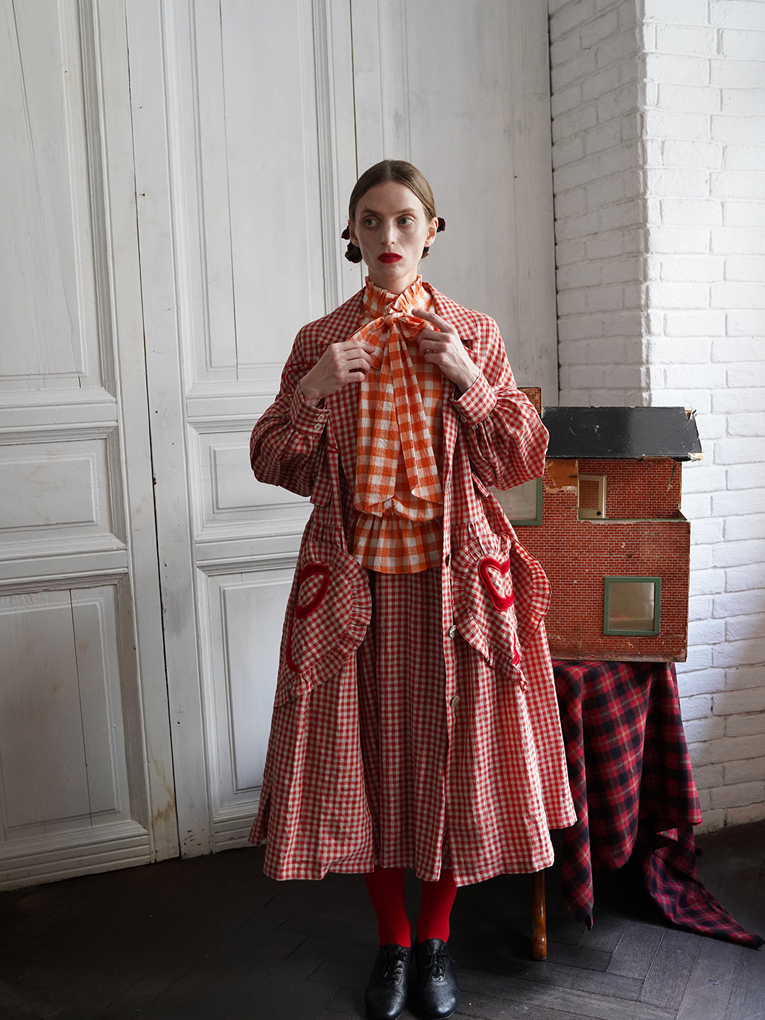 Unlogical Poem Bow and Heart Patchwork Embroidery Gingham Linen Long Coat