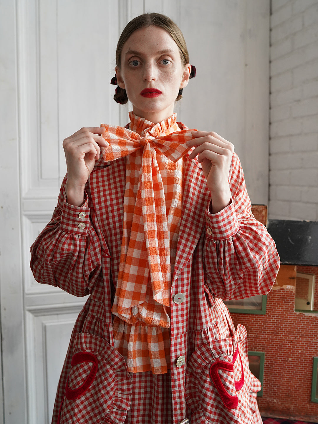 Unlogical Poem Bow and Heart Patchwork Embroidery Gingham Linen Long Coat