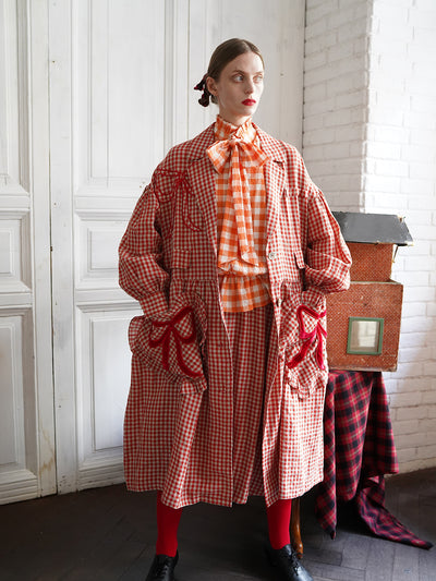 Unlogical Poem Bow and Heart Patchwork Embroidery Gingham Linen Long Coat